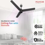 Polycab Silencio Mini 1200mm 5-Star BLDC, Remote Ceiling fan for home | 55% Energy Saving, 100% Copper, High Speed, 25 Speed Setting, Reversable & Timer | 4-yr Warranty【Matt Black】