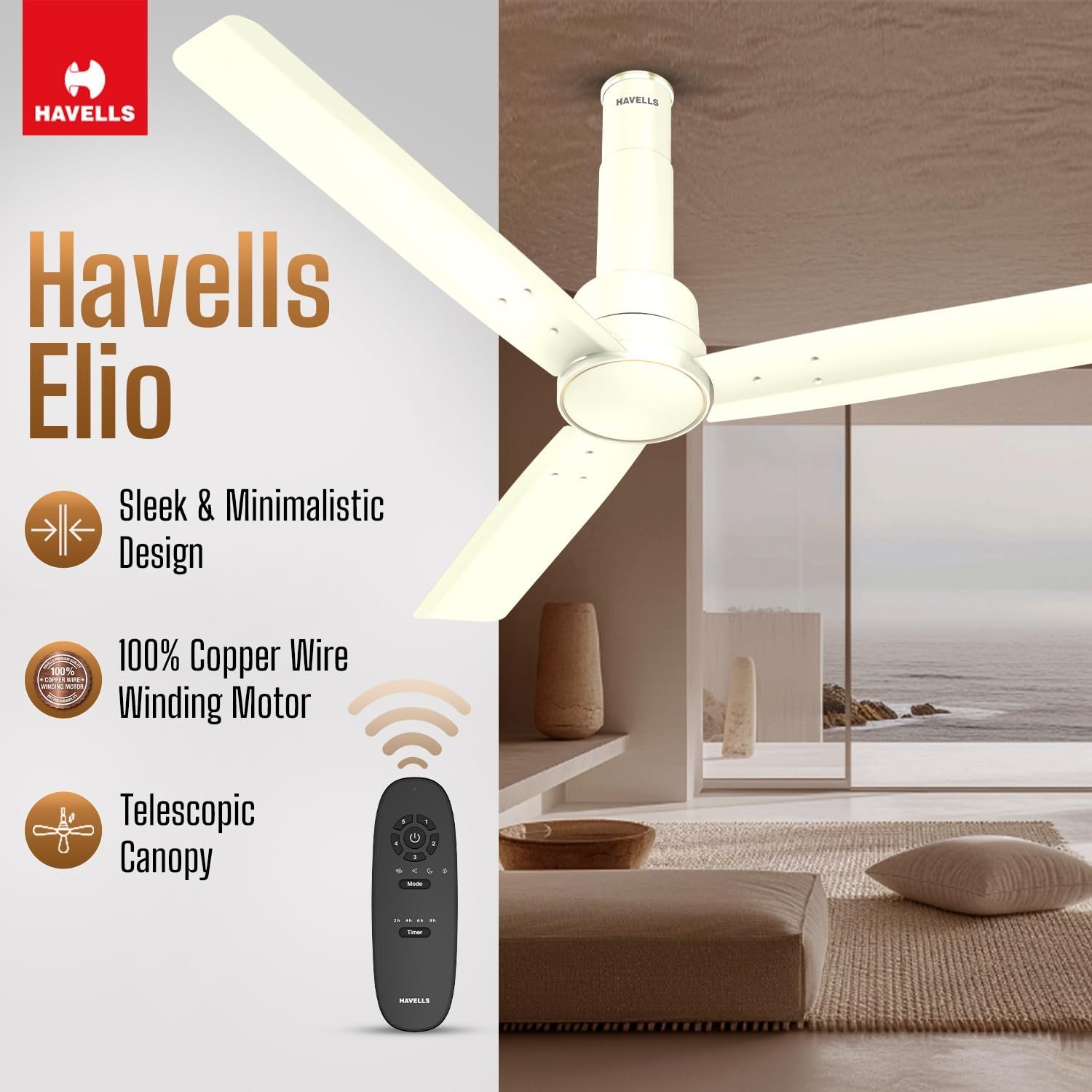 31Dxx092nRL-17.jpg Havells 1200mm Elio BLDC Ceiling Fan | Remote Controlled, High Air Delivery Fan | 5 Star Rated, Upto 60% Energy Saving, 2+1* Year Warranty | (Pack of 1, Bianco) - Image 1