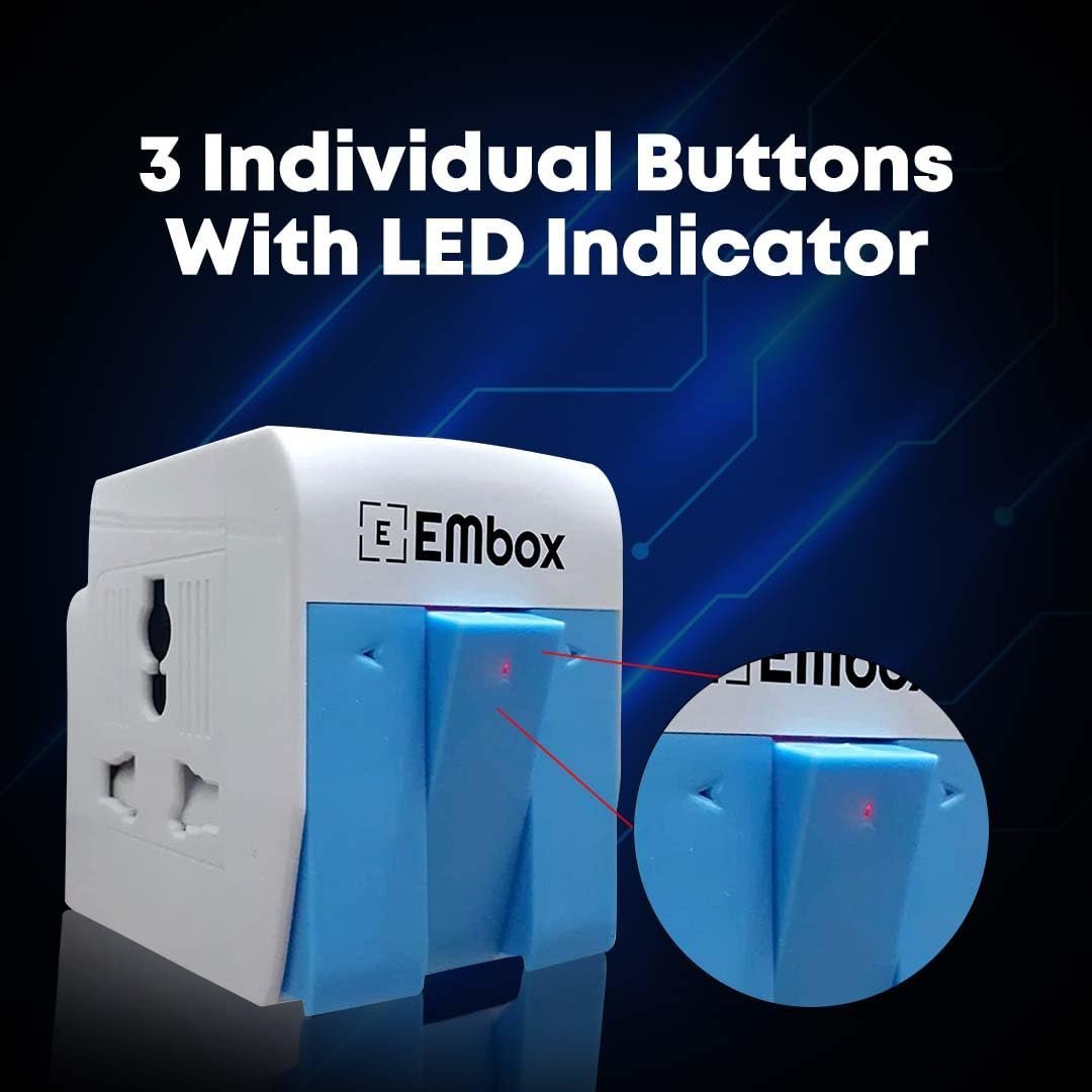 31Dxx092nRL-44.jpg EMBOX 3 Pin Multi Plug Adapter with Individual Switch 3 Pin Plug Socket Safety Shutter Spike Buster Fuse Protected Adapter 3 Way Plug Extension for Home Office Travel-5A-250V, Pack of 2 Blue - Image 1