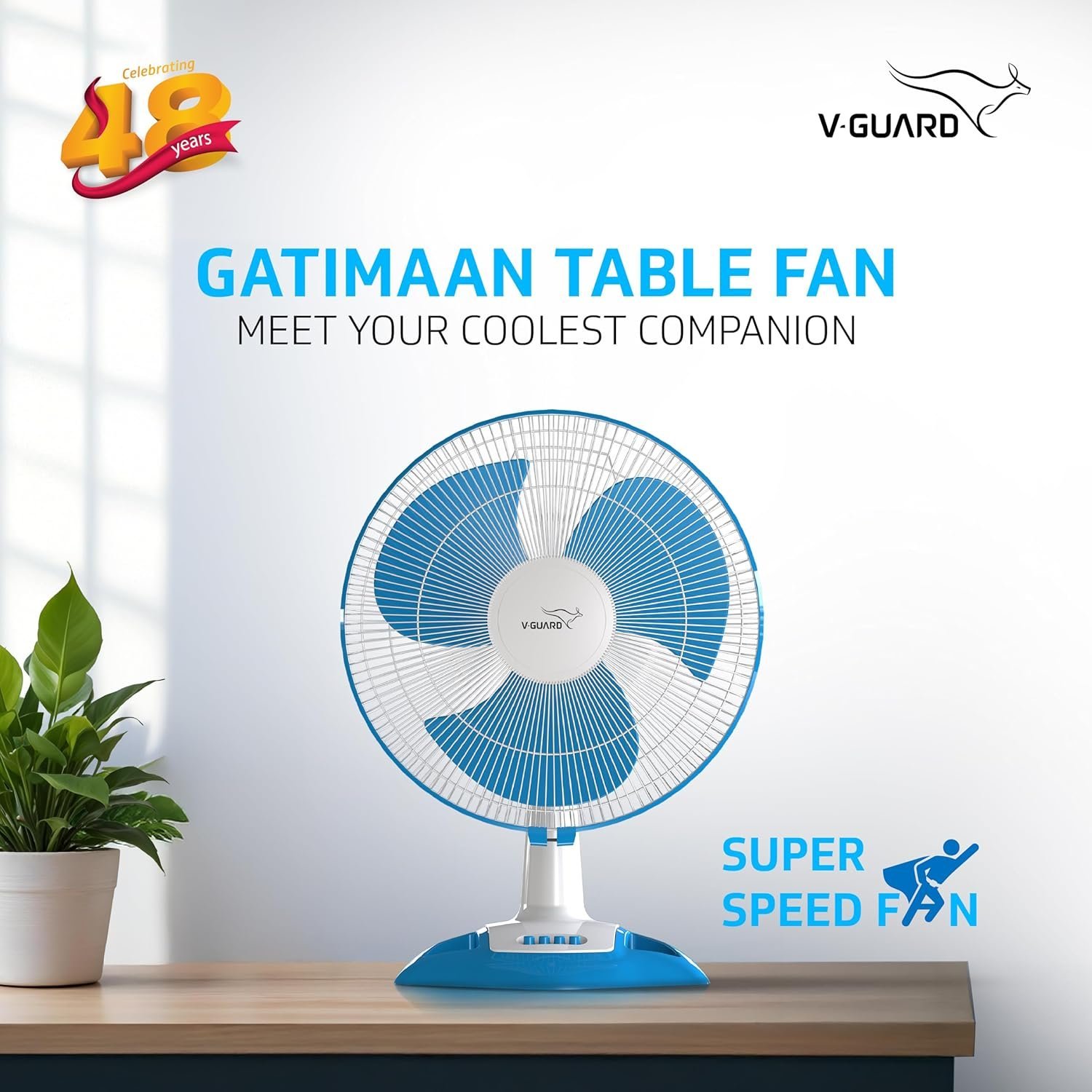 31Dxx092nRL-77.jpg MOS V-Guard Gatimaan High Speed Table Fan for Home | 2100 RPM Motor, 3 Speed Controls | 40cm (400mm) Sweep | 2 Year Warranty (White Blue) - Image 1