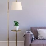 NEUMARK Modern Floor Lamp with End Table, Rubber Wood Bedside Table Lamp with Adjustable Drum Shade, Rustic Tall Pole Shelf Reading Standing Light for Farmhouse Bedroom, Living...